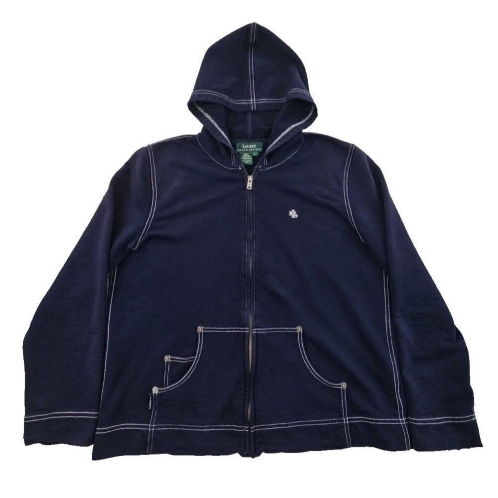 Green Label Lauren Ralph Lauren Hoodie Women's L Navy Blue Y2K Full Zip EUC